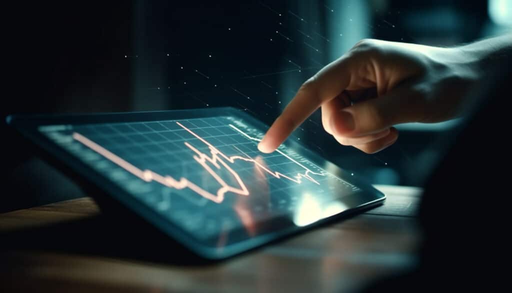 Businessman pointing to chart on digital monitor generated by AI Stock