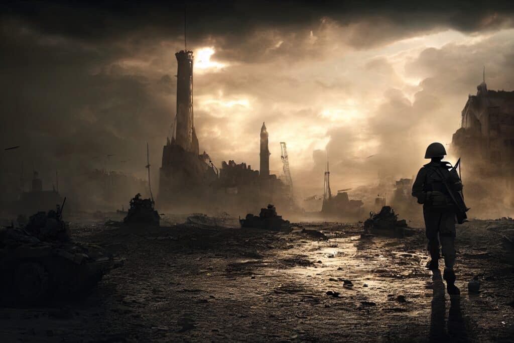 Ruined abandoned city after war battle attack. Buildings on the street destroyed by war, battlefield. Apocalypse, environment ecology, pollution, world war concept. Digital illustration สงครามอิสราเอล