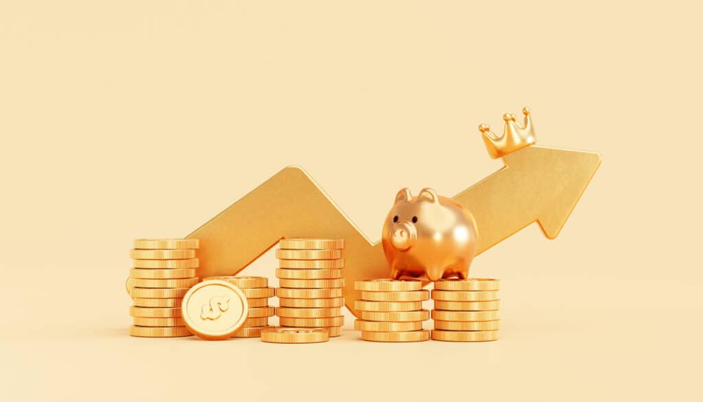 Gold piggy bank with gold coin money stacks and growing arrow bu เงินแข็งค่าคืออะไร