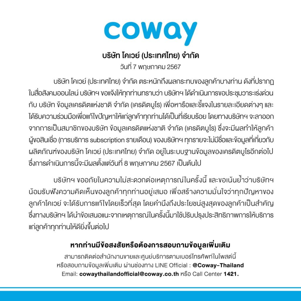 ตัวอย่างเหตุการณ์ COWAY ติดเครดิตบูโร ปี 2024 ตัวอย่างเหตุการณ์ COWAY ติดเครดิตบูโร ปี 2024