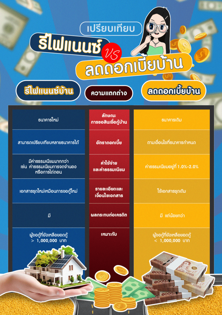 ตารางเปรียบเทียบการรีไฟแนนซ์ VS ลดดอกเบี้ยบ้าน ตารางเปรียบเทียบการรีไฟแนนซ์ VS ลดดอกเบี้ยบ้าน 2567